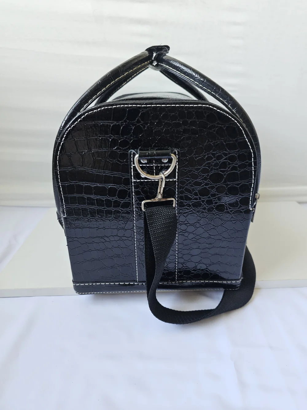 Black Faux Croc Cantilever Makeup Train Case Vintage Style Travel Vanity Bag